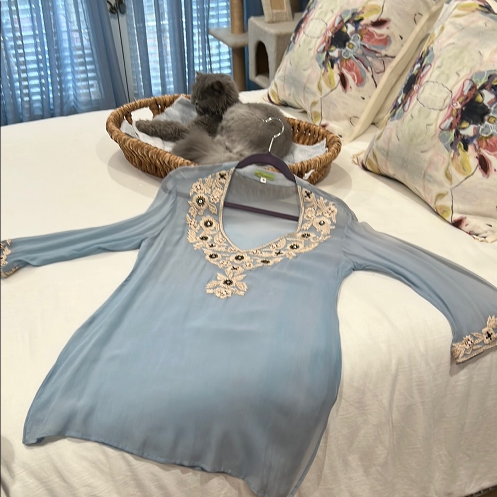 Blue Embellished Tunic with 3/4 Sleeves